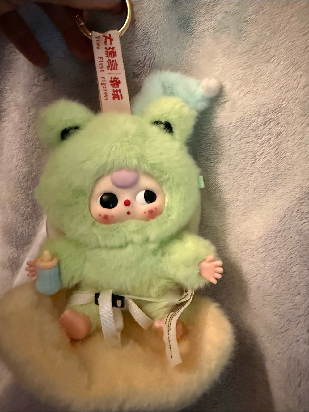 Plush Green Frog Hood Baby Doll Keychain - Cute Stuffed Animal Accessory